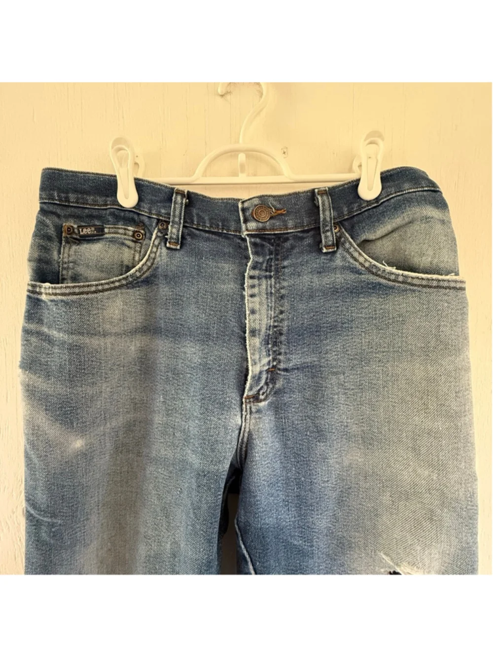 Vintage Lee Regular Fit Straight Leg Jeans 34x30 Distressed Blue Denim